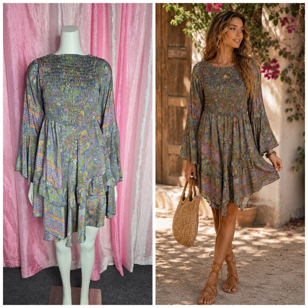 Kathmandu Imports Floral Silk Boho Paisley Layered Flowy Dress Size S/M